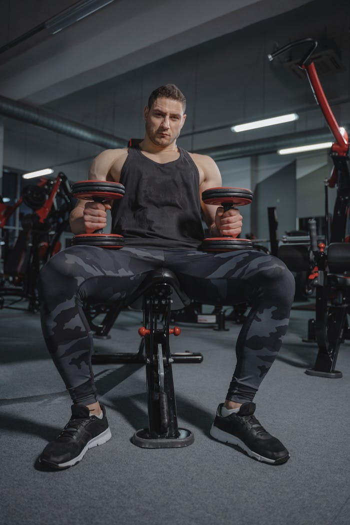 services-03 Muscular man wearing activewear lifts dumbbells while sitting in a gym, showing strength and fitness.